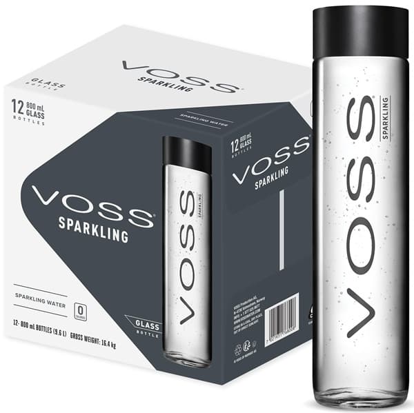 ארגז (12 יחידות של 800 מ"ל) מים מינרלים מוגזים VOSS בקבוק זכוכית